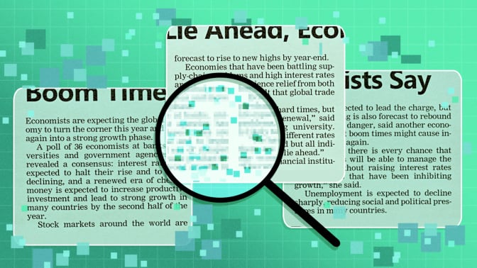 The image shows a stylized newspaper article with economic headlines, including phrases like "Boom Times" and "Lie Ahead, Economists Say." A magnifying glass zooms in on blurred text, with digital pixelation suggesting data analysis or AI involvement. The background is a grid with floating pixels, reinforcing the digital theme.