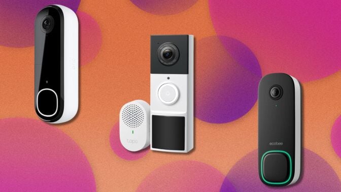 three video doorbells on a pink, orange, and purple background