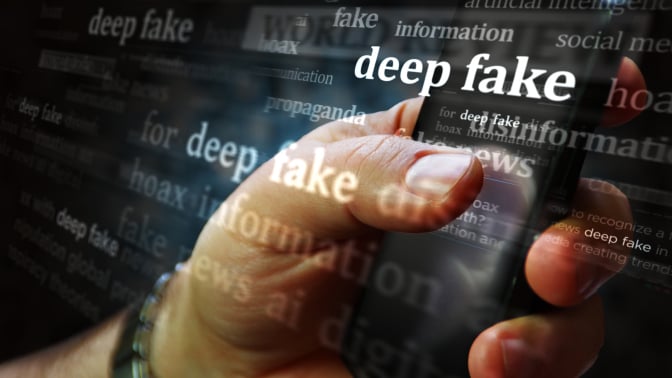 Deep fake hoax false and ai manipulation social media on display. Searching on tablet, pad, phone or smartphone screen in hand.