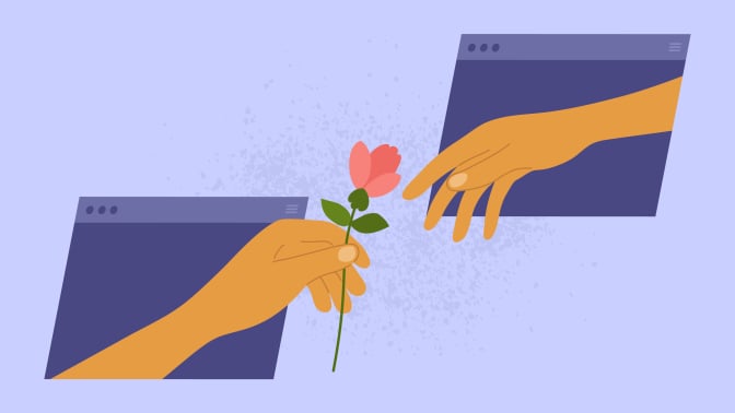 Partner gives flower for darling from virtual window frame