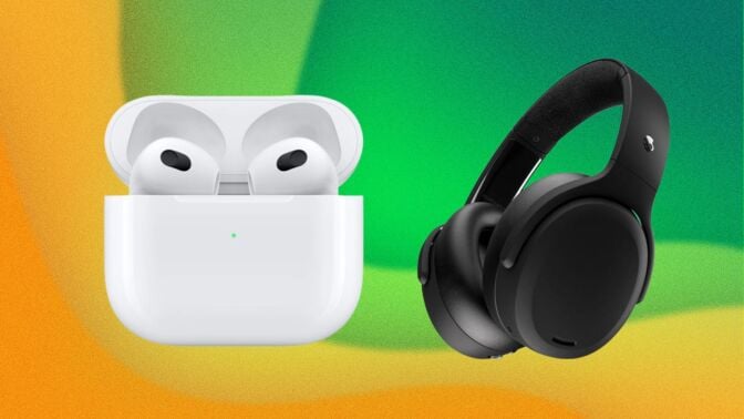 A pair of AirPods and Skullcandy headphones appear on a green and yellow background.