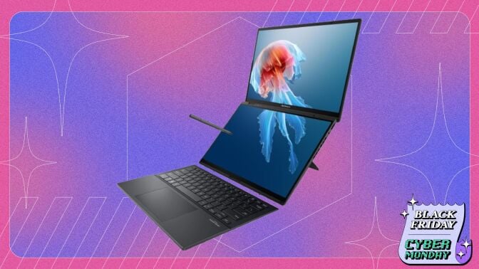 An ASUS Zenbook Duo Laptop appears with a disconnected keyboard and digital pen on a purple and pink background with the Mashable Black Friday logo.