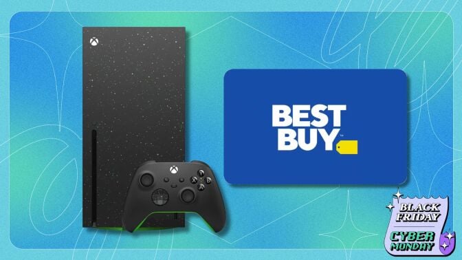 xbox series x galaxy black console on the left and a blue best buy gift card on the right against a blue and green patterned background