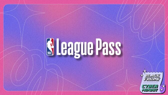 nba league pass logo on a purple and pink patterned background