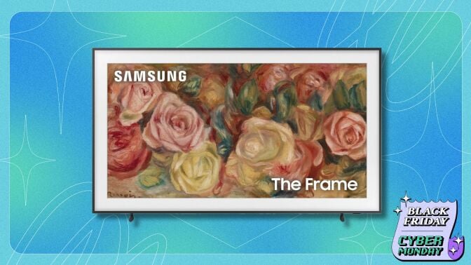 65-inch samsung the frame tv on a blue and green patterned background