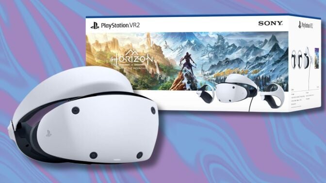 playstation vr2 headset on the left and the playstation vr2 horizon call of the mountain bundle box on the right against a purple and blue swirling background