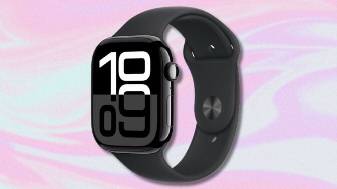 black apple watch series 10 on a light pink and white swirling background