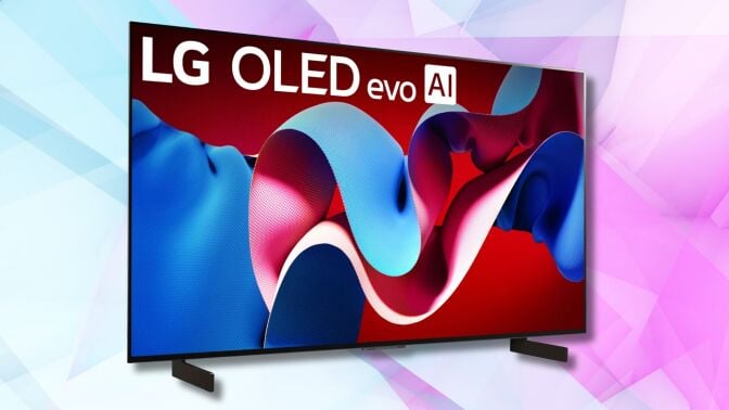 42-inch lg c4 oled tv angled on a pink and light blue geometric background