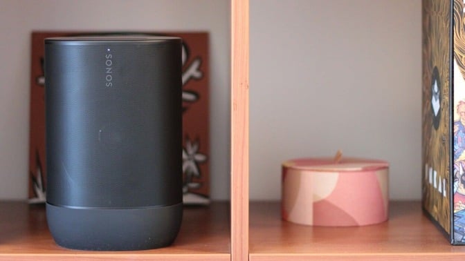 sonos move 2 bluetooth speaker on a bookshelf