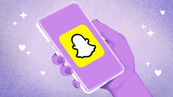 A drawn hand holding a phone with the Snapchat logo