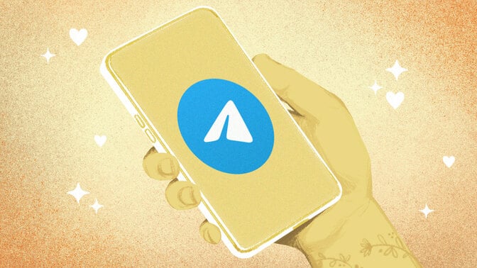 A drawn hand holding a phone with the telegram logo