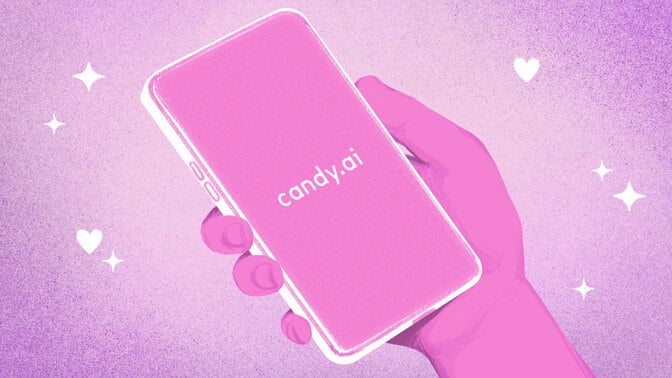 A drawn hand holding a phone with the candy.ai logo