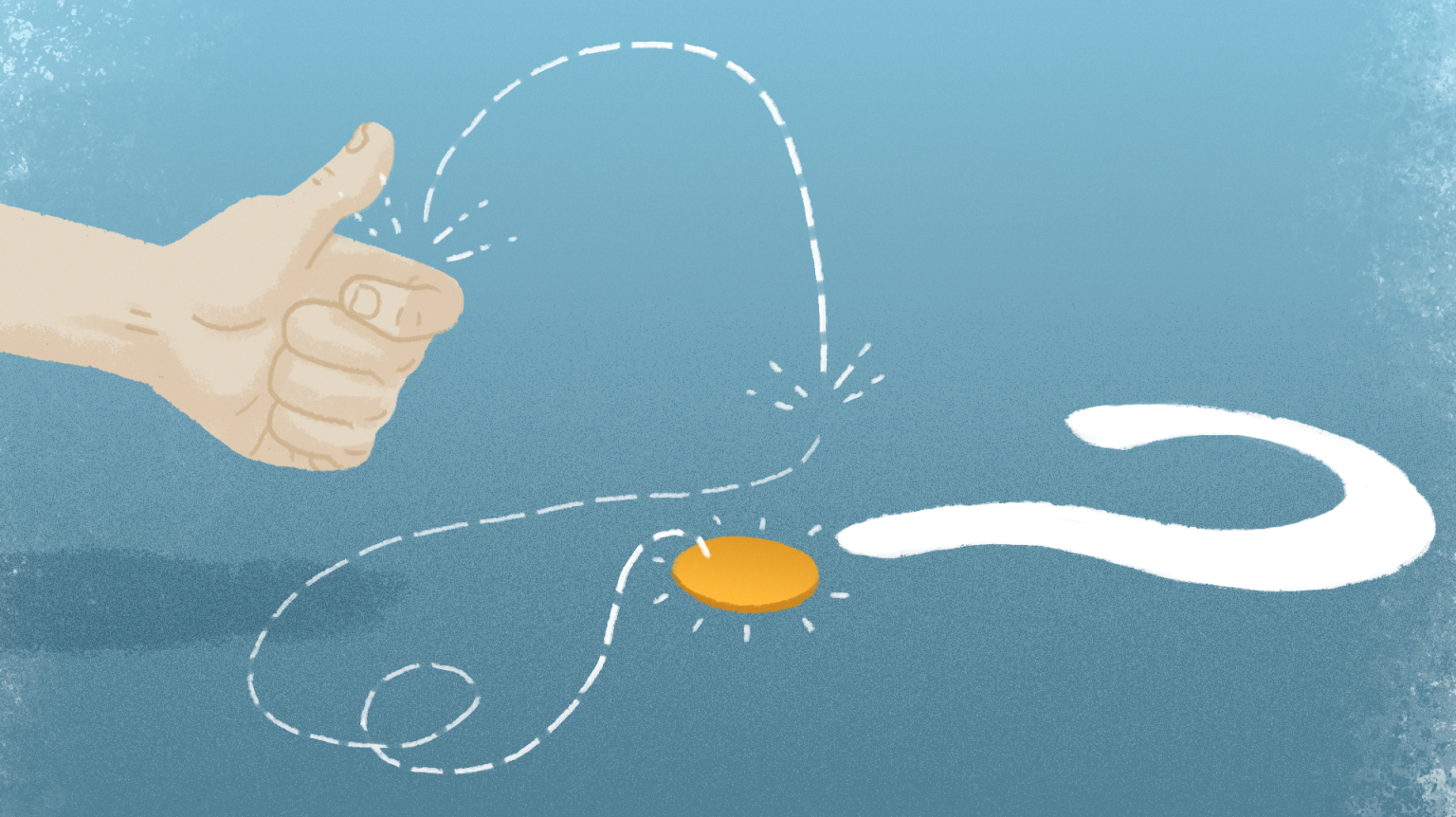 An illustration of a hand flipping a coin. The coin is landing on the ground and forming the dot under a large, white question mark.