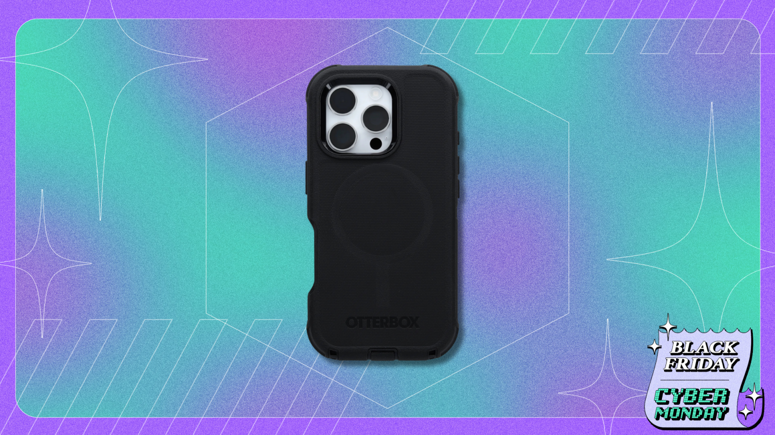 A black OtterBox Defender Series MagSafe phone case against a teal and purple background with a graphic that says "Black Friday Cyber Monday."