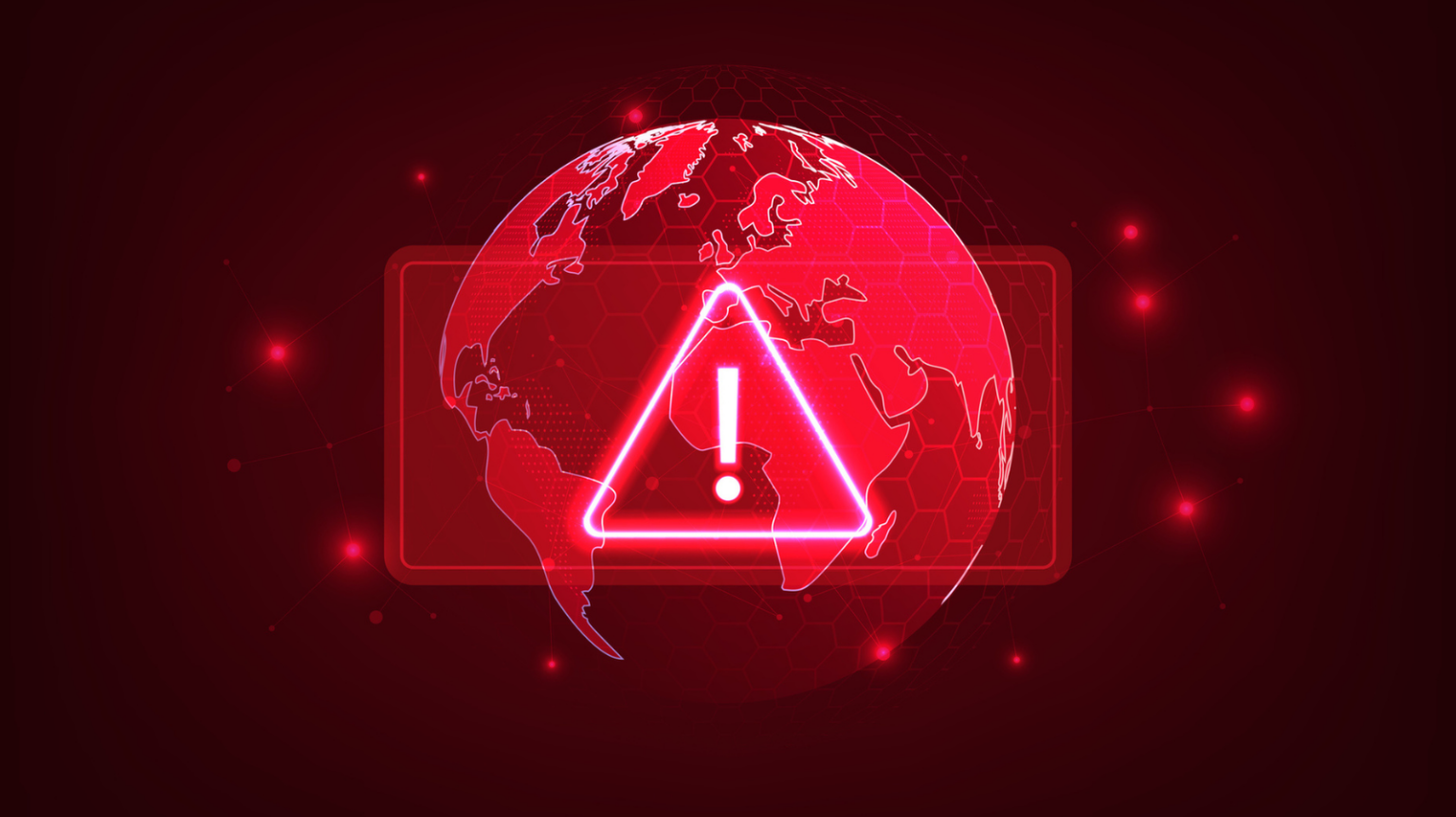 An illustration of a red globe with a red alert symbol on top of it.