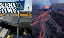 A split screen shows a hole caused by an earthquake is Grindavík, Iceland on the left. On the right, there's a picture of a recently erupted Icelandic volcano, with lava and smoke coming out of the crater. 