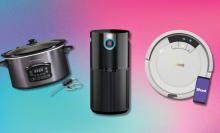 slow cooker, air purifier, and robot vacuum against a colorful background 