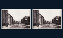 Two black and white photographs of Cardiff High Street, 1880 before and after being upscaled using the application Gigapixel.