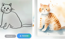 A sketch of a cat next to that same image enhanced in a watercolour style by Samsung's Sketch to Image AI tool.