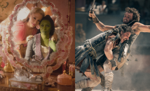 Two images: Cynthia Erivo and Ariana Grande in "Wicked" and Pedro Pascal and Maul Mescal in "Gladiator II".