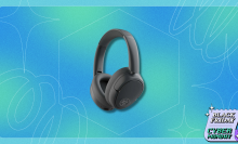 JLab JBuds Lux wireless over-ear headphones in gray against a blue background with a "Black Friday Cyber Monday" graphic.