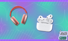 AirPods models in front of a blue and purple background