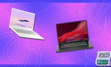 Chromebook laptops in front of a purple background