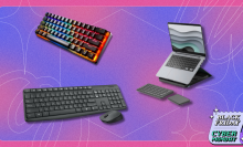 Various keyboards in front of a purple background