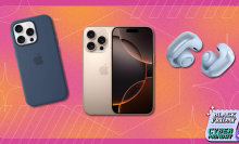 An iPhone 14 Pro in gold, a blue iPhone case, and a pair of bose earbuds on a pink and orange background with the text "Black Friday Cyber Monday" overlaid.