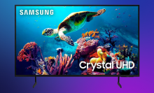 Samsung DU6900 TV on a purple gradient background