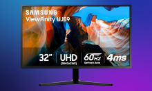 Samsung UJ59 4K on a purple gradient background