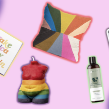 Items from Ash + Chess, CTOAN, Suay Sew Shop, kin+kind, and Flipstik from left to right over a colorful, Pride background.