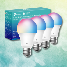 kasa smart light bulbs against a colorful background 