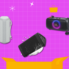 A Sony speaker, an Oontz speaker, and a JBL speaker against an illustrated background.