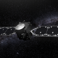 An artist's conception of the European Space Agency's Hera craft traveling through the solar system.