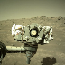 The Perseverance rover peering onto the Martian landscape.