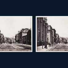 Two black and white photographs of Cardiff High Street, 1880 before and after being upscaled using the application Gigapixel.