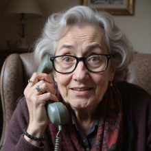 An elderly woman looks into the camera holding a landline telephone.