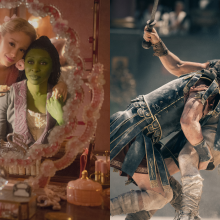 Two images: Cynthia Erivo and Ariana Grande in "Wicked" and Pedro Pascal and Maul Mescal in "Gladiator II".