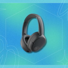 JLab JBuds Lux wireless over-ear headphones in gray against a blue background with a "Black Friday Cyber Monday" graphic.