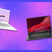 Chromebook laptops in front of a purple background