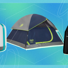 collage of camping products on patterned background with badge that reads 'cyber monday black friday'