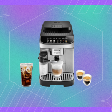 espresso machine against purple and teal background with black friday and cyber mondy logo