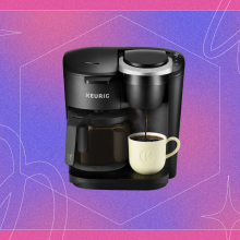 Keurig on a pink and purple background