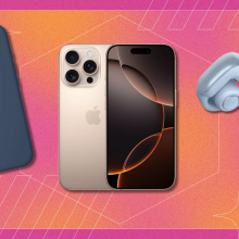 An iPhone 14 Pro in gold, a blue iPhone case, and a pair of bose earbuds on a pink and orange background with the text "Black Friday Cyber Monday" overlaid.