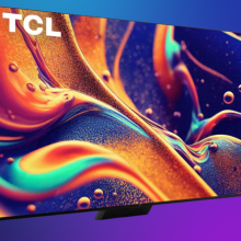  TCL QM8 QLED on a purple gradient background