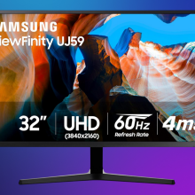 Samsung UJ59 4K on a purple gradient background