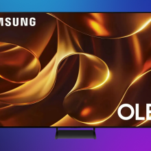 Samsung 77-inch S84D OLED TV on a purple gradient background