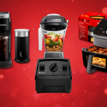 A collage of four popular kitchen appliances on a festive red background with sparkling lights. The appliances featured are a Keurig coffee maker, a Vitamix blender, an Instant Pot air fryer.