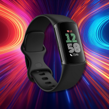 A black Fitbit Charge 6 fitness tracker with a rectangular screen displaying the time (12:58), heart rate (68 bpm), and step count (7,546). The band has a textured finish and a simple buckle closure. It's shown against a vibrant, abstract background of swirling red, blue, and yellow lights.